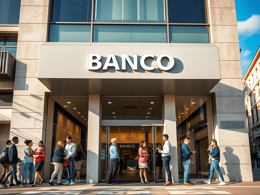 Entrée d’une banque moderne, avec plusieurs clients faisant la queue devant l’agence.