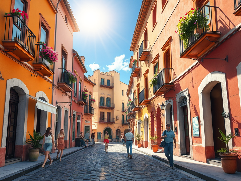 Rue pavée ensoleillée avec façades colorées et balcons fleuris dans une ville méditerranéenne