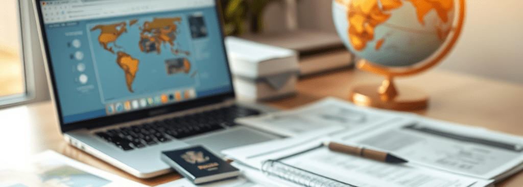 Bureau avec un ordinateur portable affichant une carte du monde, un globe terrestre, des passeports et des documents de voyage.