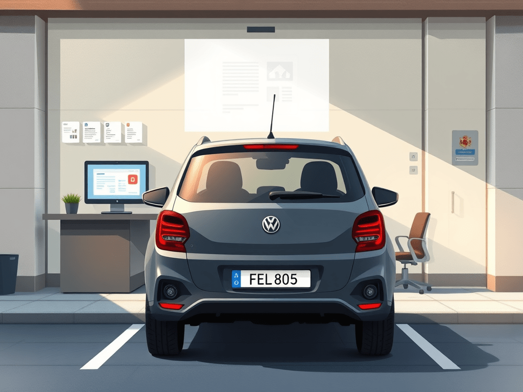 Une voiture Volkswagen avec plaque FEL 805, garée devant un bureau équipé d’un ordinateur.