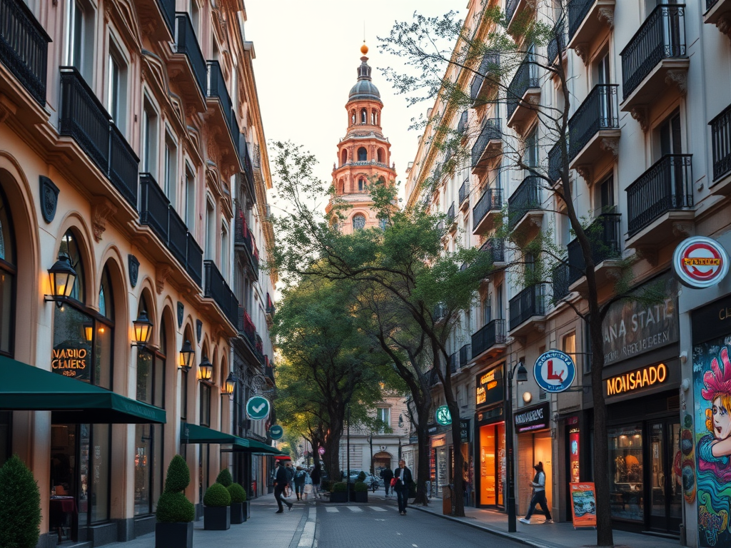 Rue commerçante bordée d’immeubles historiques, menant à une tour emblématique.