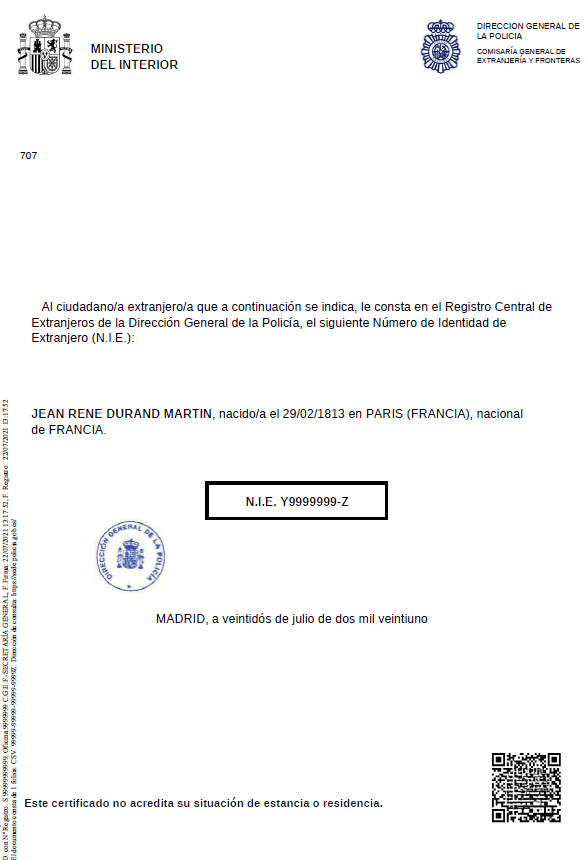 Exemple de certificat NIE illustrant le format d’un document officiel.