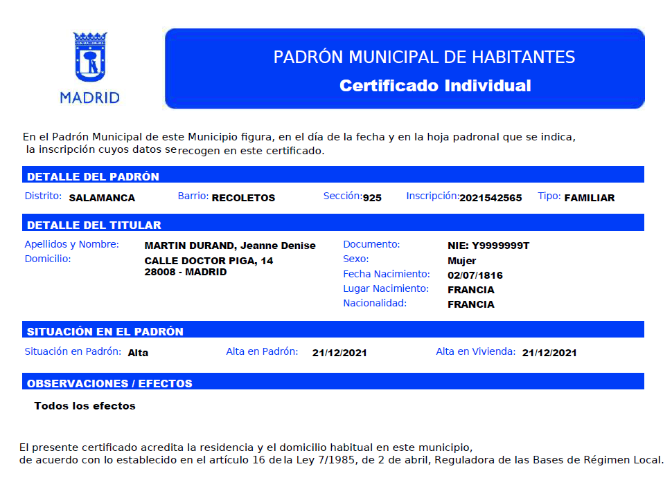 Exemple de certificat de Padrón Municipal de la ville de Madrid, attestant l’inscription d’un habitant dans le registre municipal.