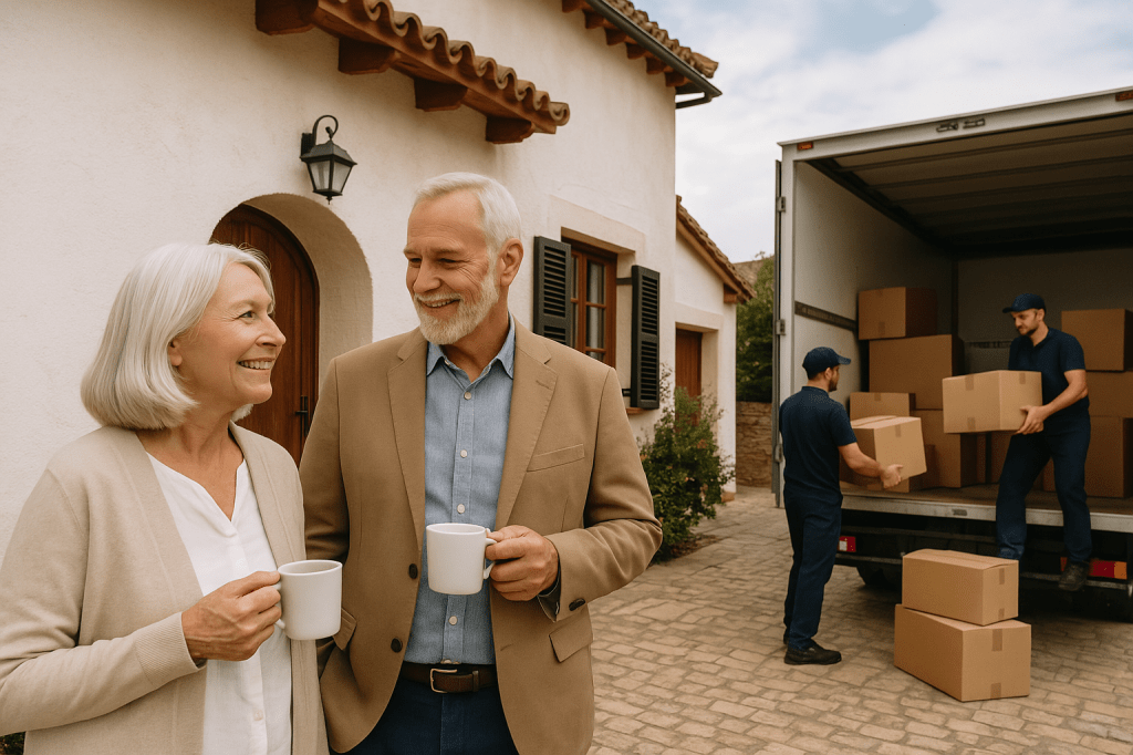Un couple de retraités détendu observe des déménageurs décharger des cartons devant leur nouvelle maison espagnole, tout en tenant des tasses de café.