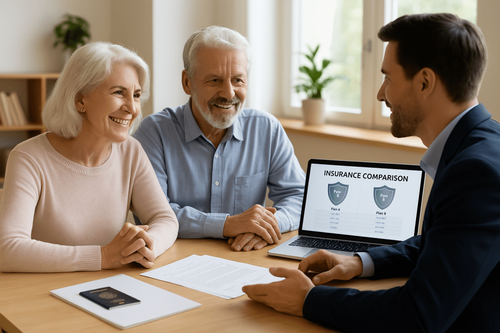 Un couple de retraités discute avec un conseiller en assurance dans un bureau lumineux, un ordinateur affichant un comparatif de plans d’assurance.